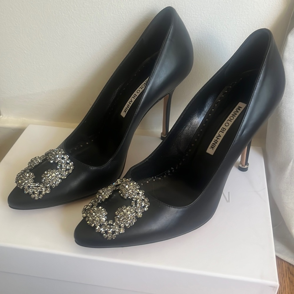 Manolo Blahnik Hangisi Heels - Black Leather - Size 37.5